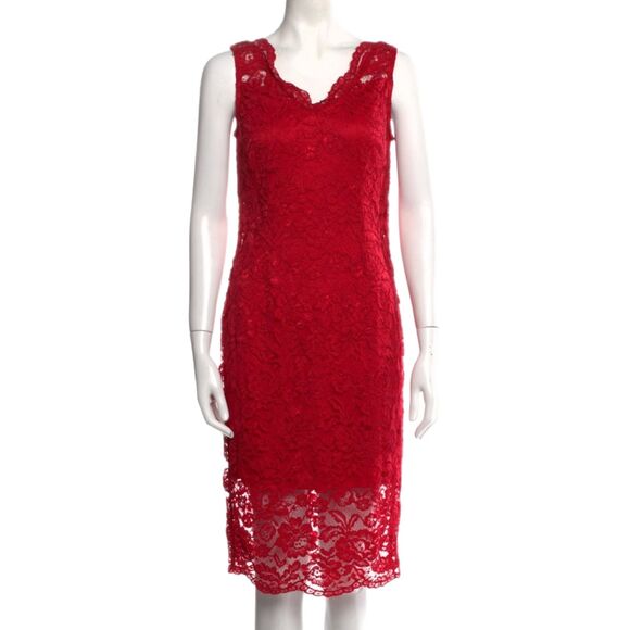 Marina | Red Floral Metallic Lace Overlay Knee Length Sheath Dress, Size M or 8 - Picture 4 of 10